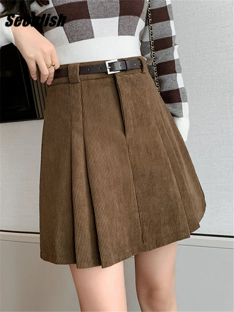 Women Mini Skirts With Belted 2024 New High Waist Classic Pleated Shorts silk skirt luxurious