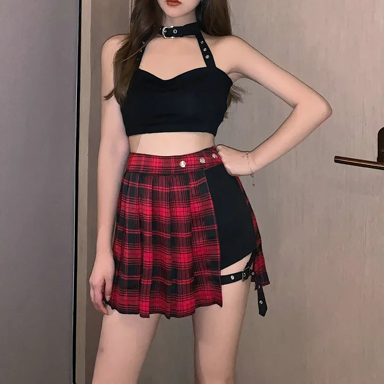 Fashion Tartan Red Pleated Streatwear Plaid Side Button Mini Skirt silk skirt lustrous Fashion Tartan Red Pleated Streatwear Plaid Side Button Mini Skirt silk skirt lustrous