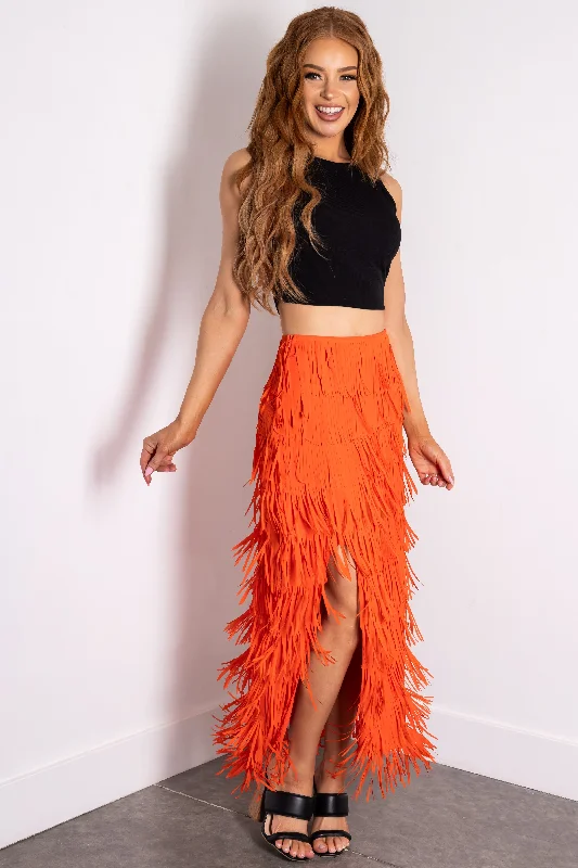 Fire Side Slit Fringe Midi Skirt wool skirt sturdy