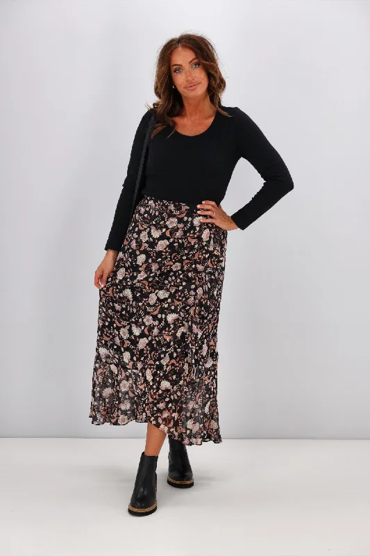 Gloss by Shine On Julia Frilled Midi Skirt Autumn Floral breathable skirt fabric