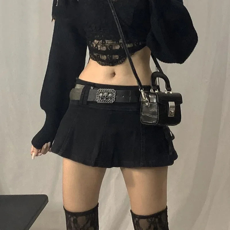 Goth Pastel Micro Mini Low Rise Black Pocket Patchwork A-Line Skirt velvet skirt luxurious Goth Pastel Micro Mini Low Rise Black Pocket Patchwork A-Line Skirt velvet skirt luxurious