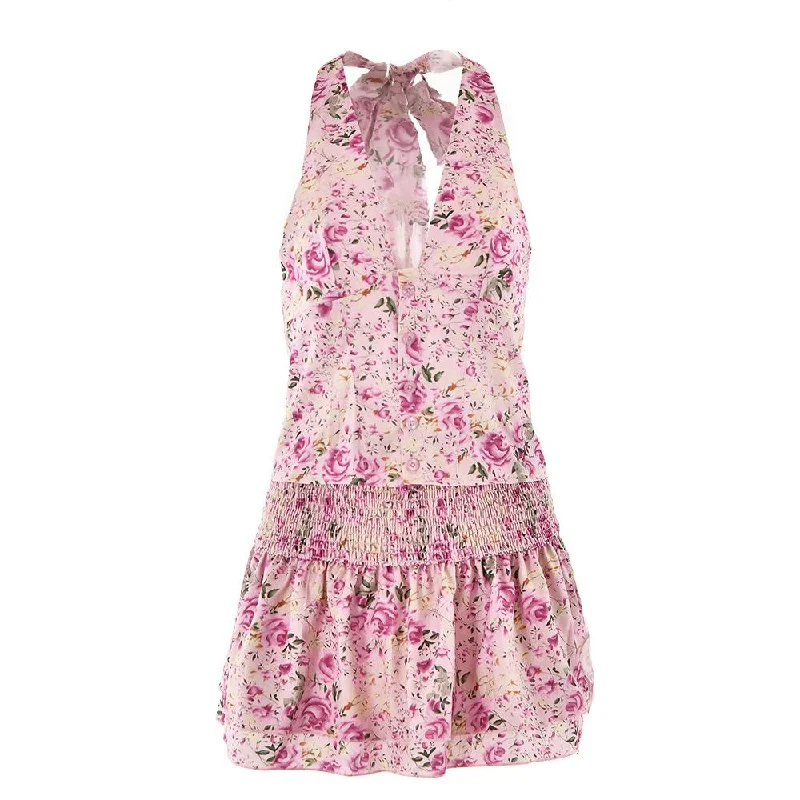 Halter smocked button flower print mini skirt set corduroy skirt comfortable