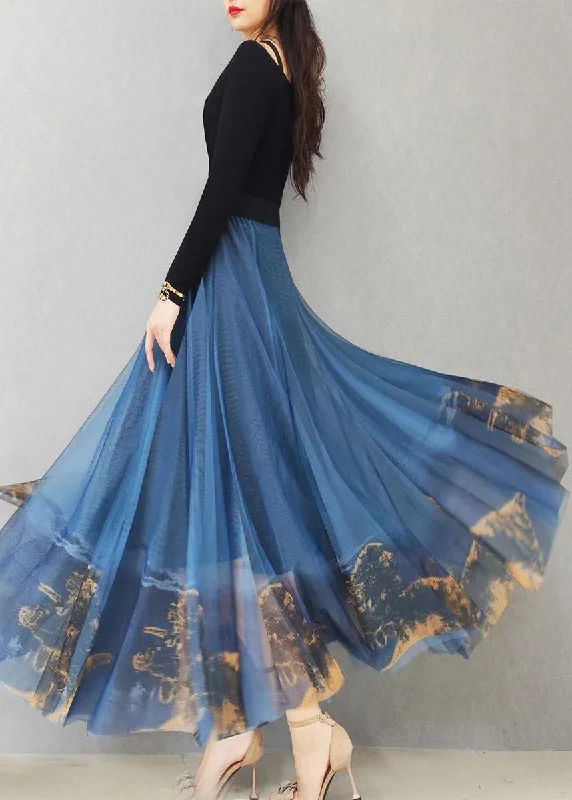 Italian Blue Print Exra Large Hem Loose Tulle Skirt Spring leather skirt modern