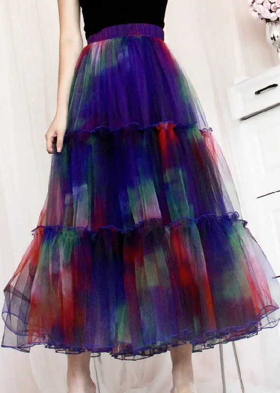 Italian Gradient Color Ruffled Patchwork Tulle Skirts Summer lace skirt delicate