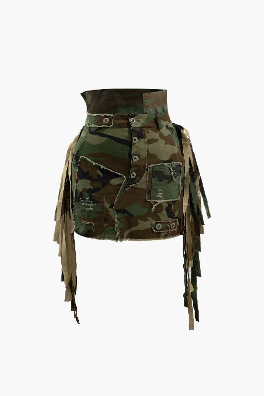 Camo Frayed Patchwork Fringe Mini Skirt elastic waist skirt