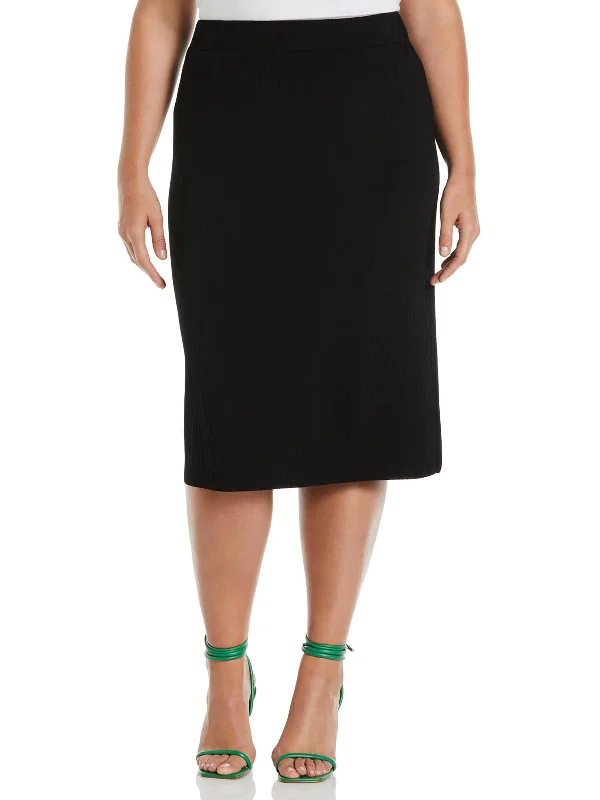 Plus Womens Ribbed Knit Knee-Length Pencil Skirt button skirt front