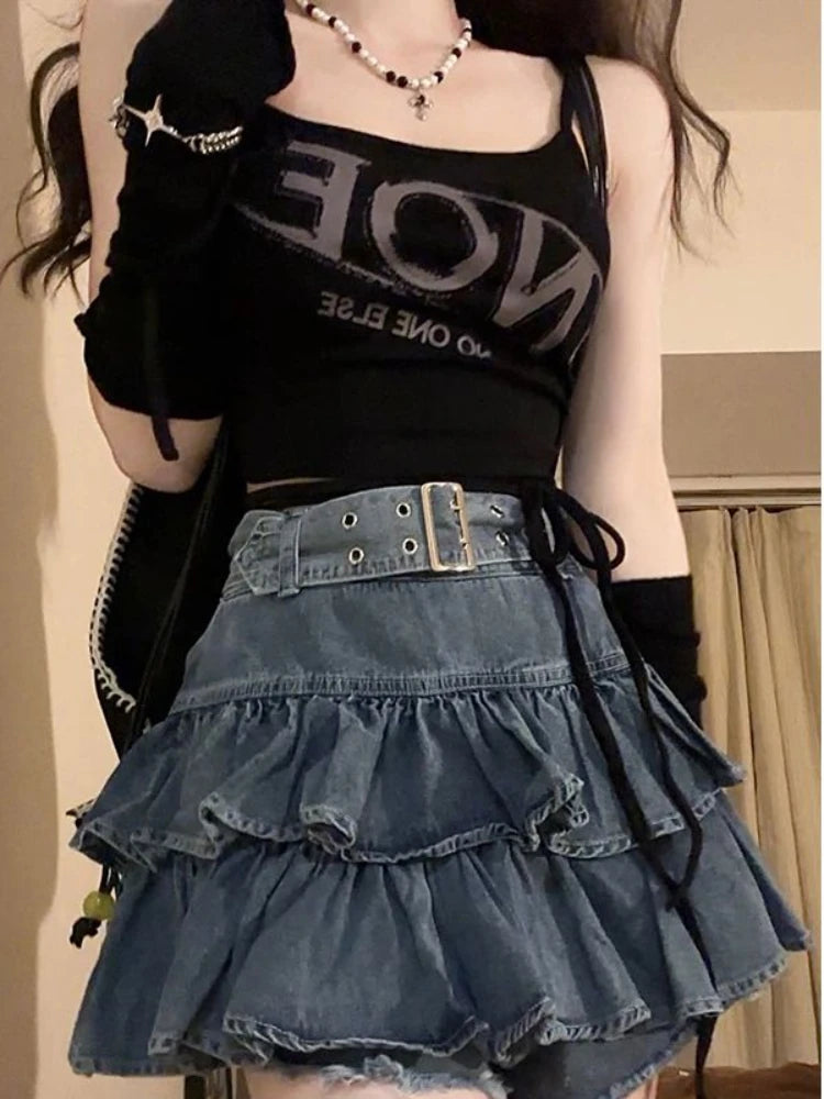 Retro Ruffled Fake Two-piece High Waist Cake Denim Skirt high slit skirt