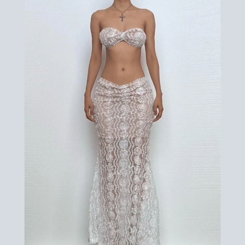 Sheer lace see through cami maxi skirt set slim fit skirt