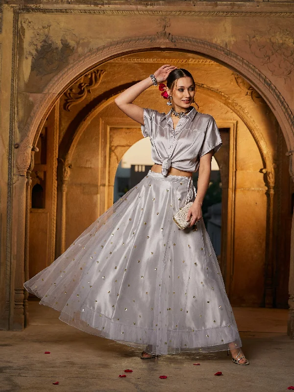 Lyush Women Grey Satin Crop Shirt With Tulle Sequin Skirt corduroy skirt comfortable Lyush Women Grey Satin Crop Shirt With Tulle Sequin Skirt corduroy skirt comfortable