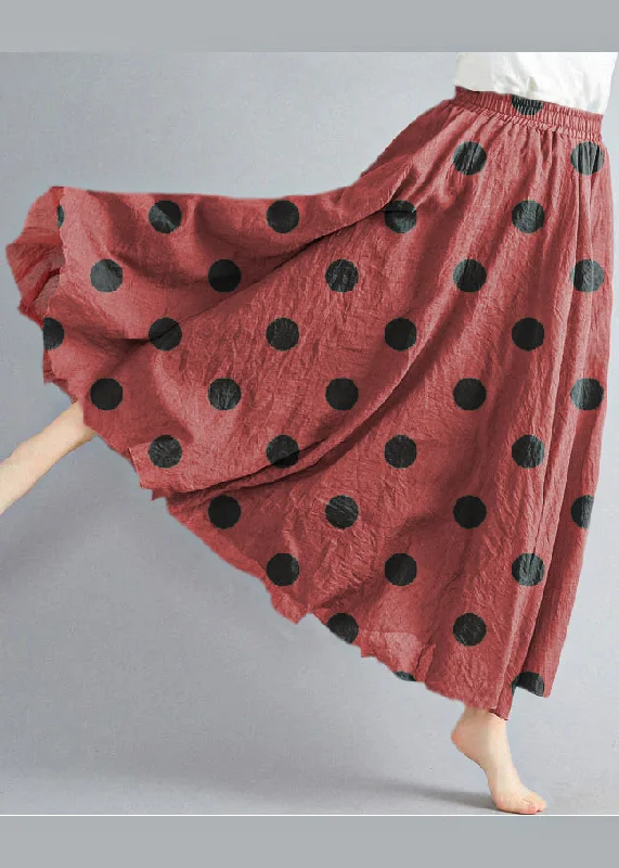 Style Brown polka dots Elastic Waist Exra Large Hem Cotton Linen A Line Skirts Summer silk skirt smooth