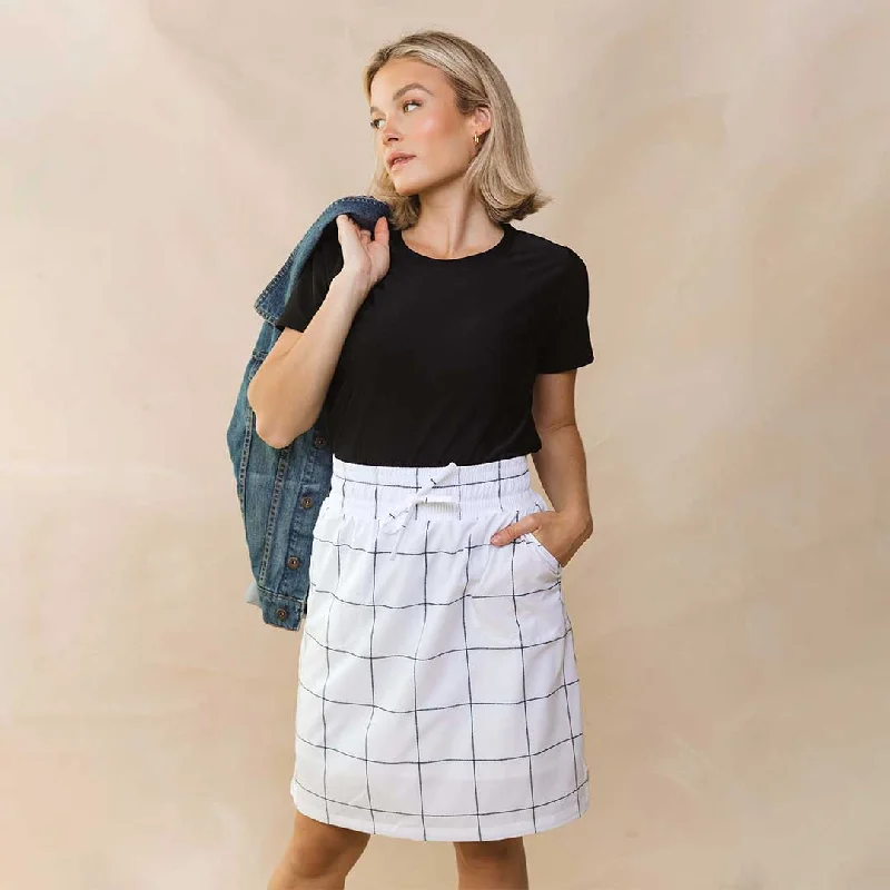 The Away Skirt, White Windowpane midi skirt versatile