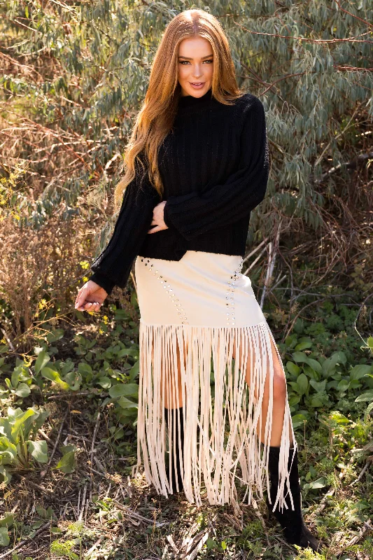 Vanilla Studded Soft Suede Long Fringe Skirt cashmere skirt fine