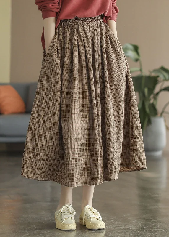 Vintage Khaki elastic waist Pockets Plaid Cotton A Line Skirts Spring casual skirt length Vintage Khaki elastic waist Pockets Plaid Cotton A Line Skirts Spring casual skirt length