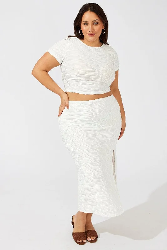 White Wavy Texture Bodycon Split Skirt zip skirt side