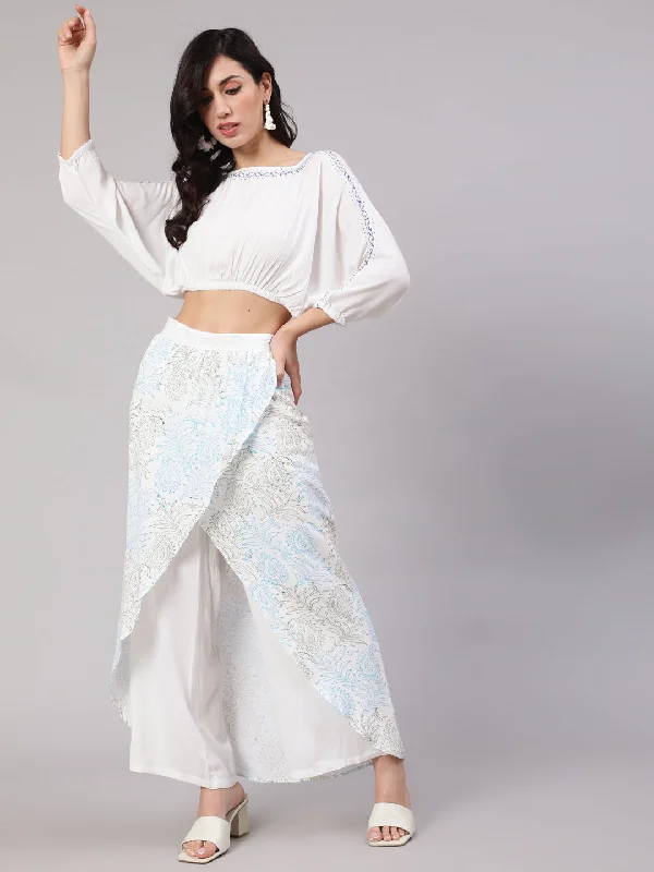 Women's White Hand Block Printed Crop Top With Overlap Skirt Set - Aks corduroy skirt durable