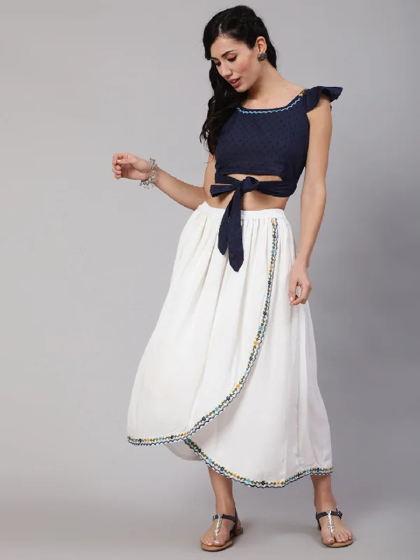 Women's White & Blue Embroidered Top With Skirt Set - Aks silk skirt lustrous